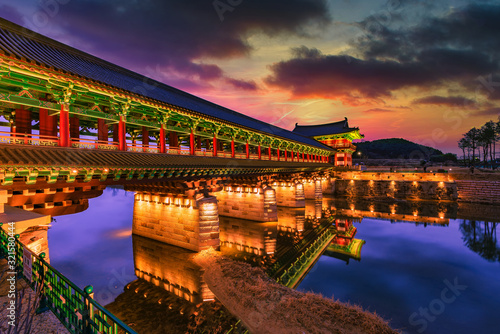 sunset at Woljeong Bridge at city of Gyeongju, South Korea. photo