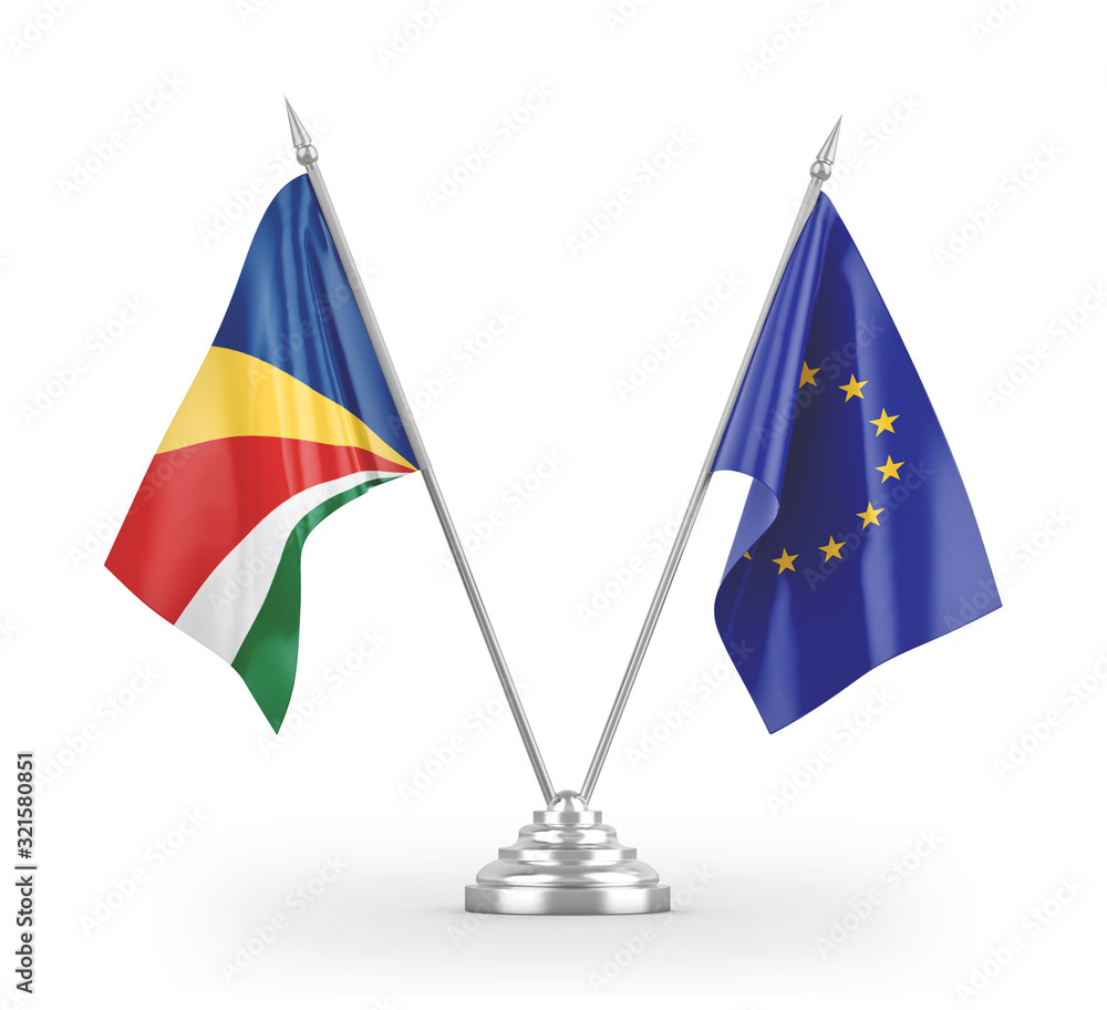 European Union and Seychelles table flags isolated on white 3D rendering European Union and Seychelles table flags isolated on white 3D rendering