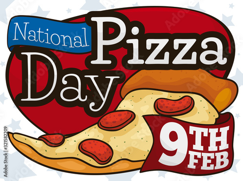 Delicious Pizza with Greeting Ribbons to Celebrate its National Day, Vector Illustration