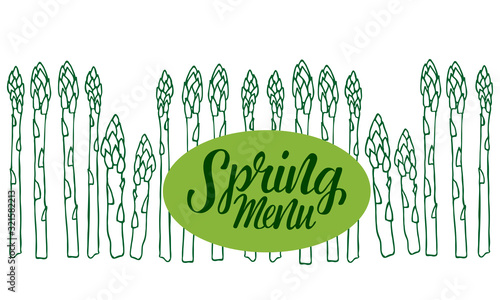 Spring menu – hand written sign with asparagus doodle illustration. Vector stock isolated on white background for food service place, restaurant, cafe, bar, bistro. EPS10