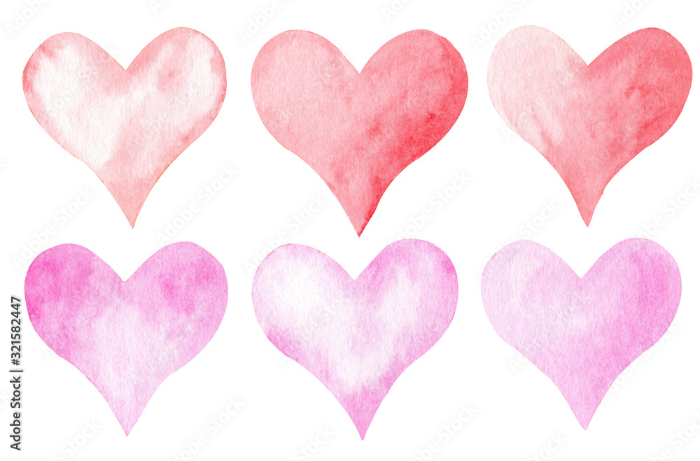 Hand drawn watercolor pink and red heart set. Cute hearts collection isolated on white background.