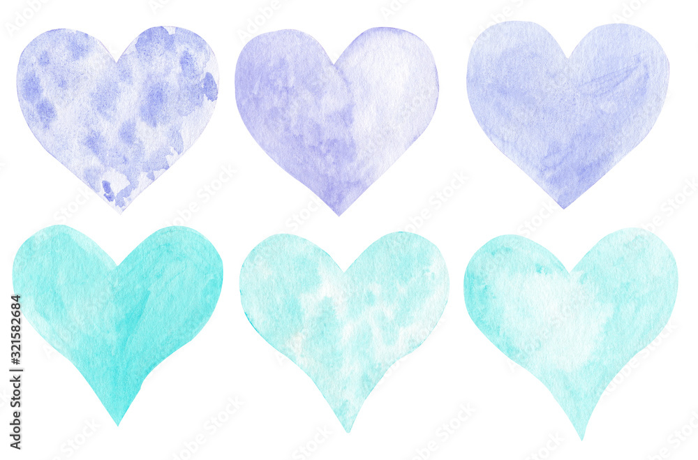 Hand painted watercolor blue and violet hearts set. Cute hearts collection isolated on white background.