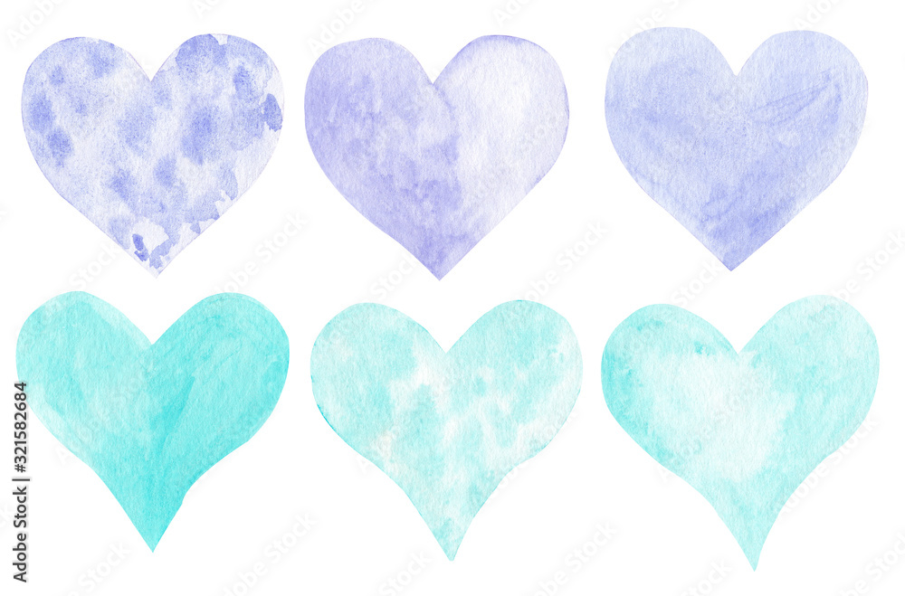Hand painted watercolor blue and violet hearts set. Cute hearts collection isolated on white background. Hand painted watercolor blue and violet hearts set. Cute hearts collection isolated on white background.