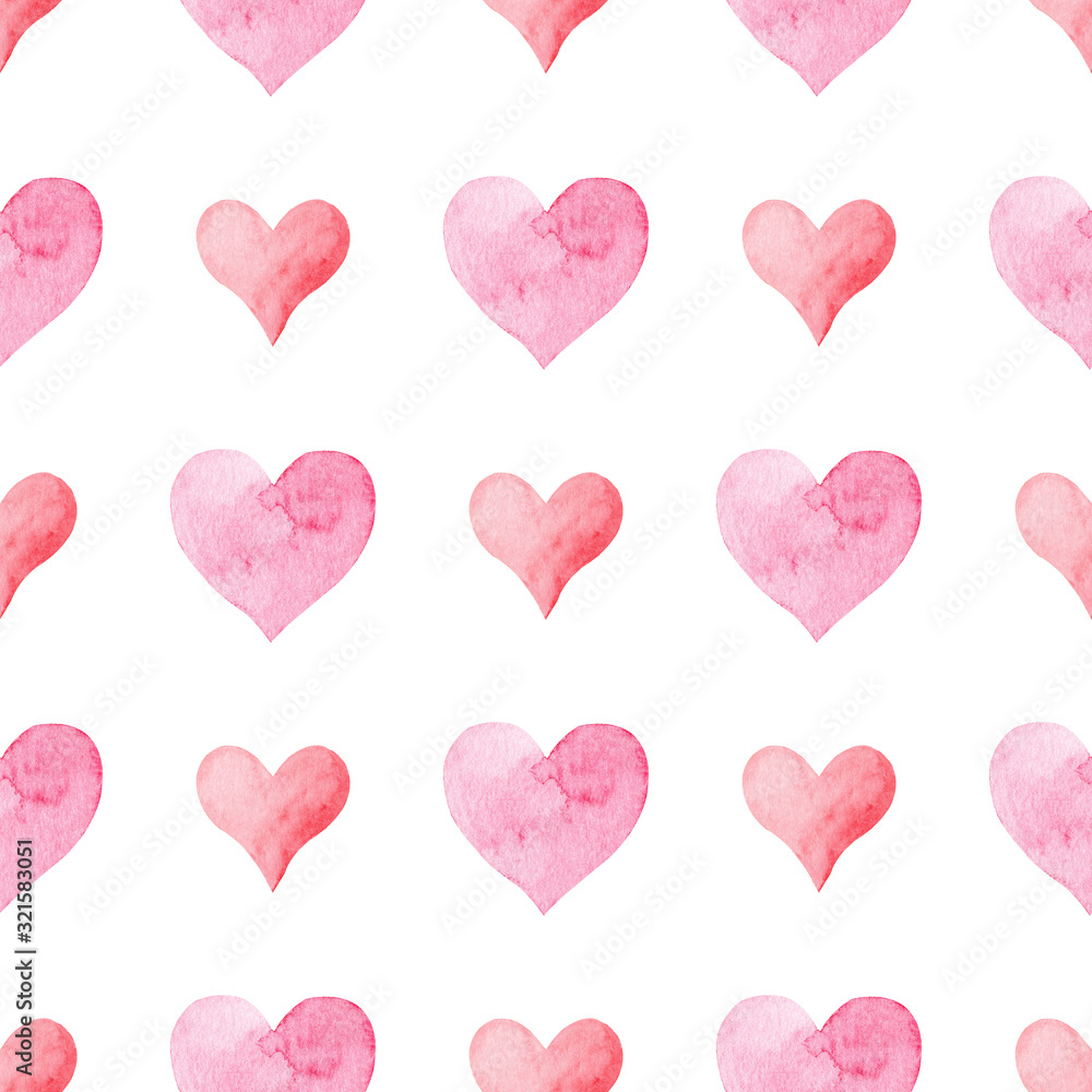 Seamless pattern with pink watercolor heart on white background.