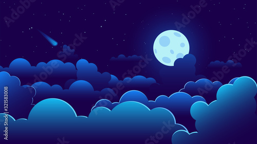 Vector illustration with a blue moon, clouds and a comet. The moon is surrounded by a mysterious glow, which is reflected on the clouds. The whole sky is strewn with stars.