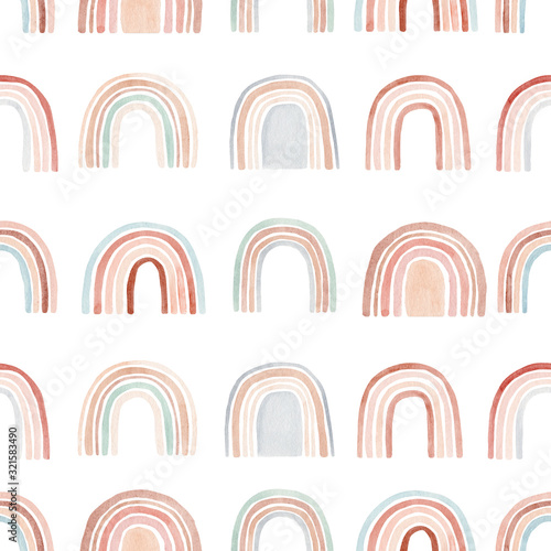 Fototapeta Watercolor seamless pattern with rainbows in warm pastel colors.