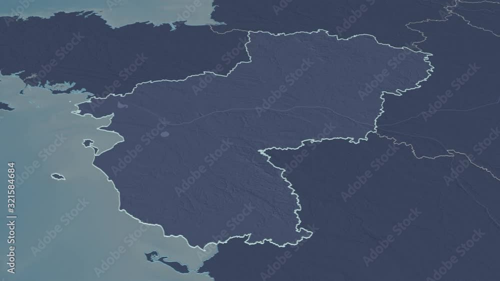 Pays de la Loire, region with its capital, zoomed and extruded on the administrative map of France in the conformal Stereographic projection. Animation 3D Pays de la Loire, region with its capital, zoomed and extruded on the administrative map of France in the conformal Stereographic projection. Animation 3D