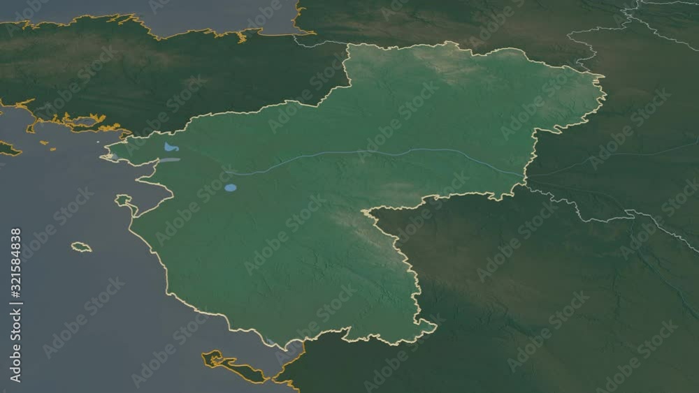 Pays de la Loire, region with its capital, zoomed and extruded on the relief map of France in the conformal Stereographic projection. Animation 3D Pays de la Loire, region with its capital, zoomed and extruded on the relief map of France in the conformal Stereographic projection. Animation 3D