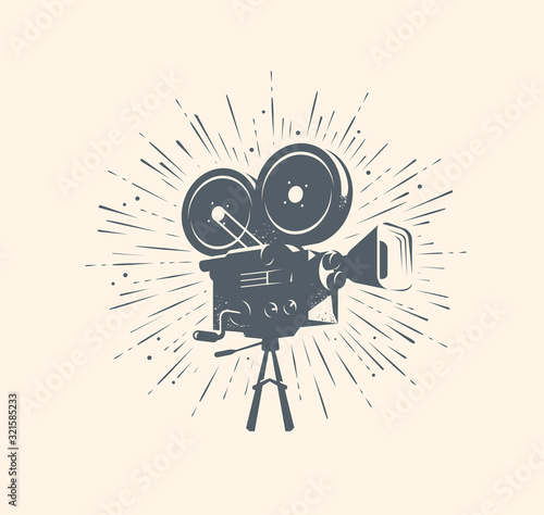 Cinema, video logo or label. Retro movie camera, TV vintage vector