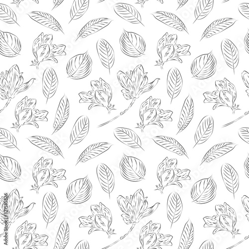 Fine art magnolia flowers.Floral hand drawn seamless pattern.Line art isolated on a white background. Can be used for fabric, textile design, scrapbooking, wallpaper, paper design