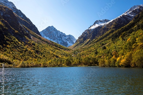 Mountain lake. Beautiful view of the lake with blue water in mountains