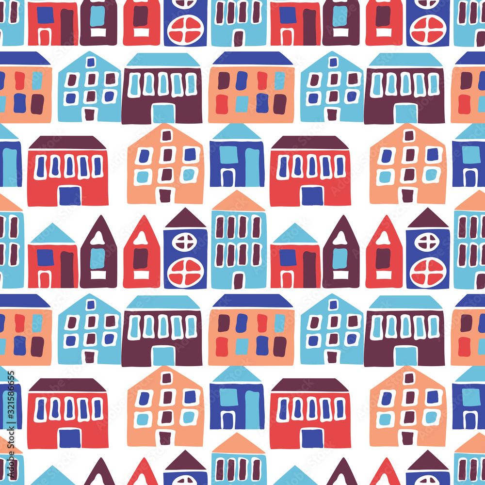 Seamless pattern with hand drawn houses. Vector illustration