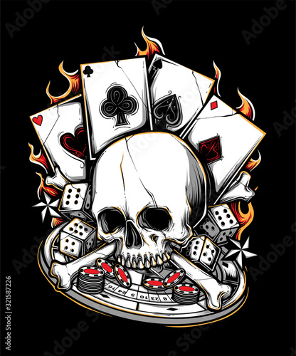 Poker Gambler Bone Skull Illustration Tshirt