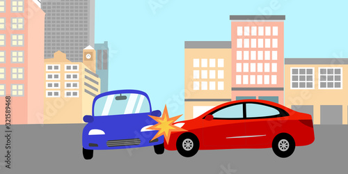 Fototapeta Naklejka Na Ścianę i Meble -  Car accident concept vector illustration. Red car crash with another blue car on the road.