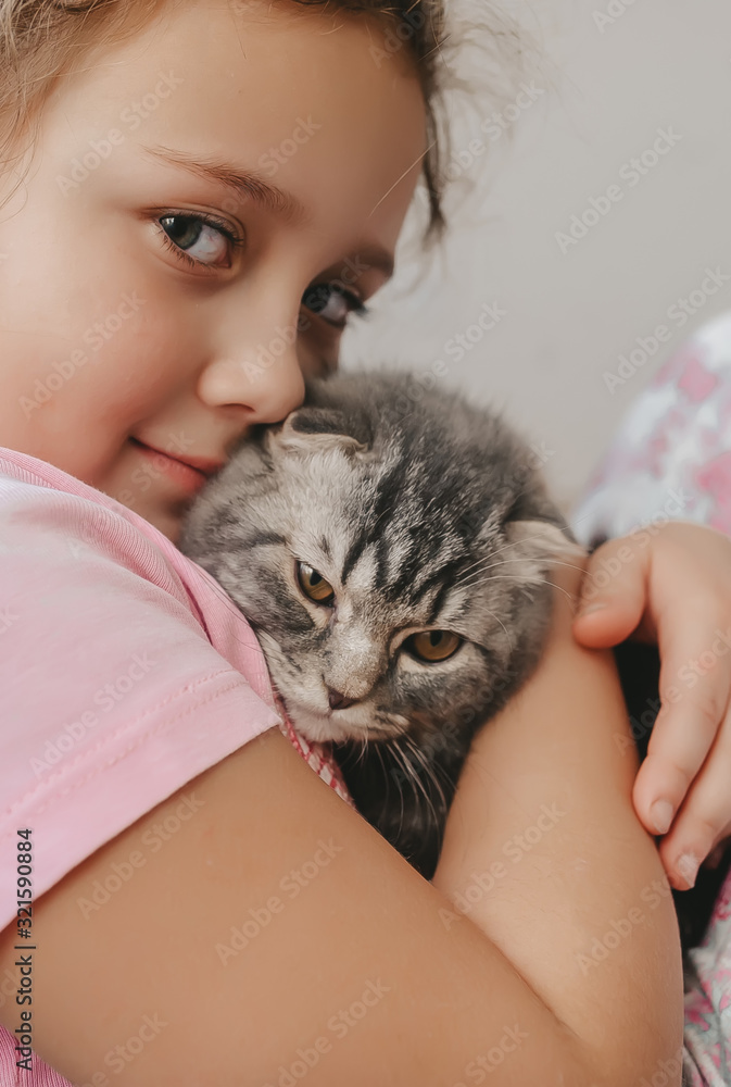 Closeup portrait of child with a cute scottish fold kitten. Closeup portrait of child with a cute scottish fold kitten.