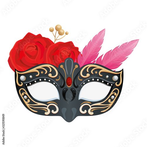elegant mask with feathers and roses flowers vector illustration design