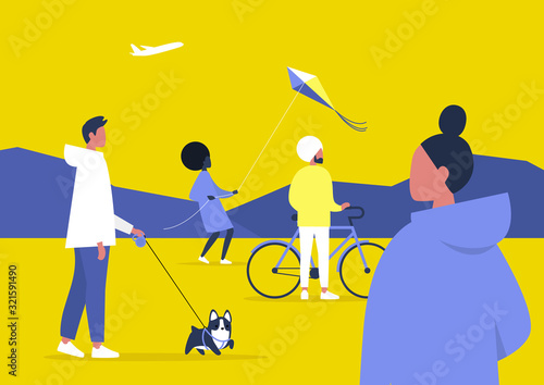 A diverse group of young people walking in the park, various summer activities, cycling and kite