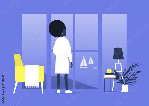 Contemplation, Meditation and Harmony, Young black female character looking through the window of a furnished apartment