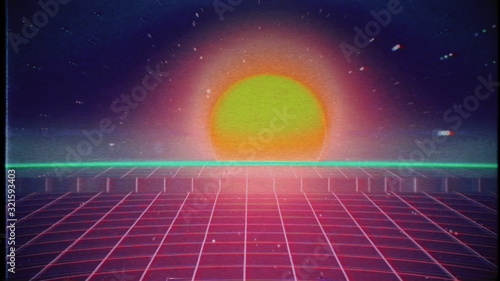 Retro futuristic 80s VHS tape video game intro landscape. Flight over the neon red laser beam glowing grid with sunrise and stars with glitches. Arcade vintage stylized sci-fi VJ motion 3D render