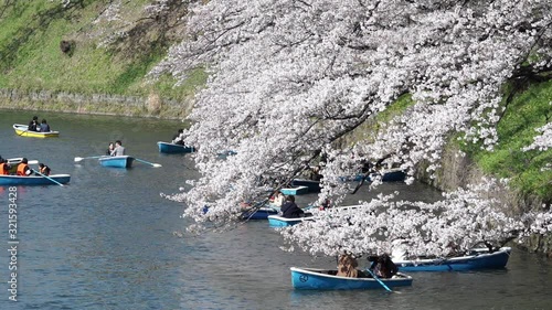 A lot of people boating by the Chidorigafuchi waterways located near the Imperial Palace in Tokyo.