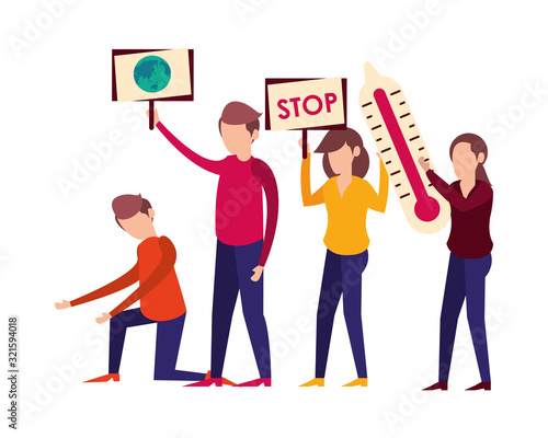 people lifting thermometer and protest label