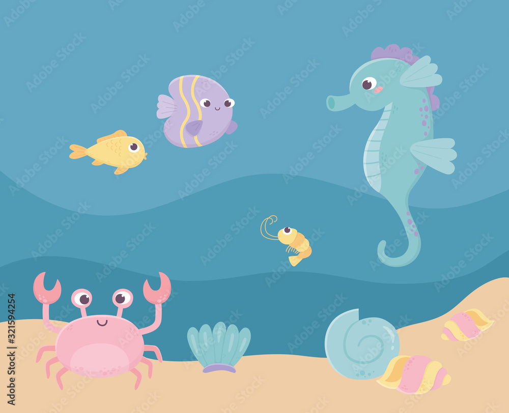 seahorse fishes crab shrimp sand life cartoon under the sea