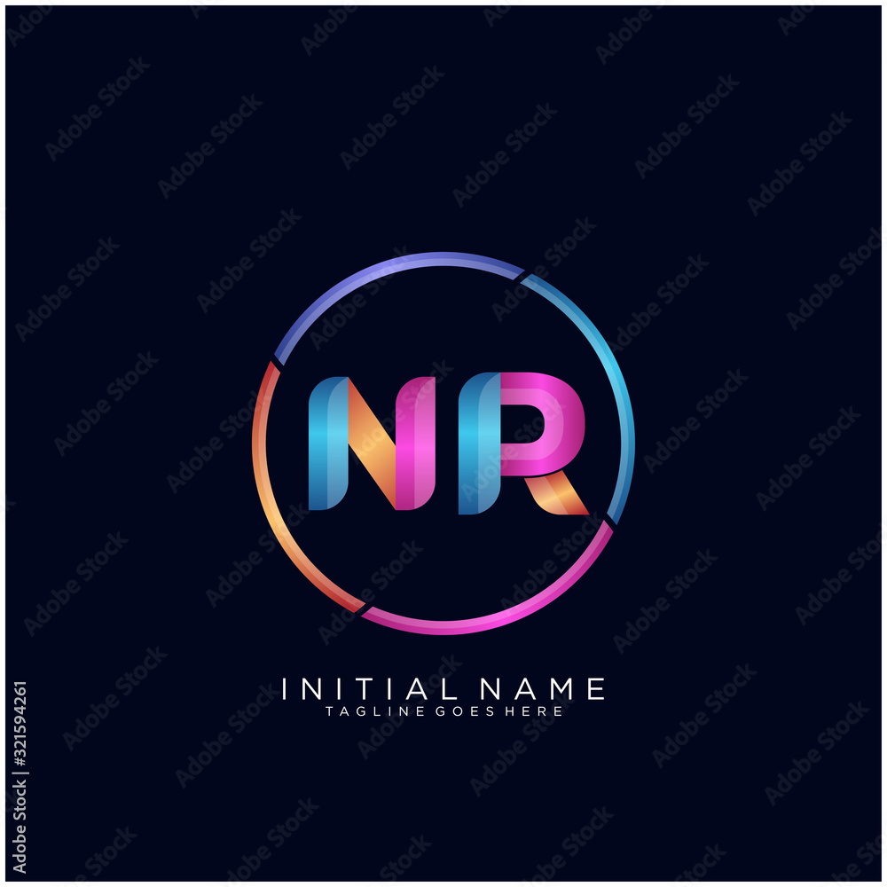 Initial letter NR curve rounded logo, gradient vibrant colorful glossy colors on black background Initial letter NR curve rounded logo, gradient vibrant colorful glossy colors on black background