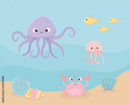 crab snail jellyfish octopus fishes sand life cartoon under the sea