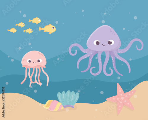 starfish octopus jellyfish fish sand bubbles life cartoon under the sea