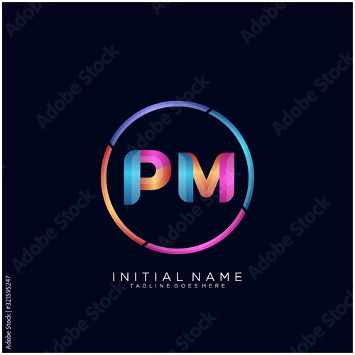 Initial letter PM curve rounded logo, gradient vibrant colorful glossy colors on black background