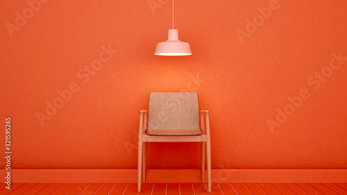 Living area in orange room for exhibition artwork - 3D Rendering