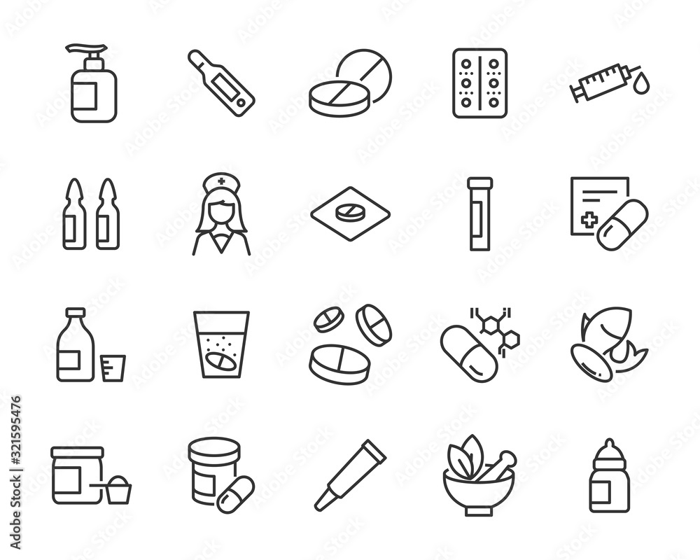 set of medicine icons, pills, capsule, drug store, pharmacy