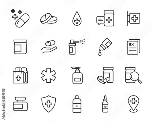 set of medicine icons, pills, capsule, drug store, pharmacy