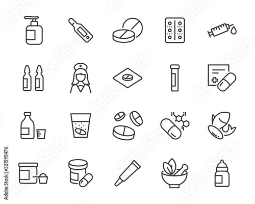 set of medicine icons, pills, capsule, drug store, pharmacy