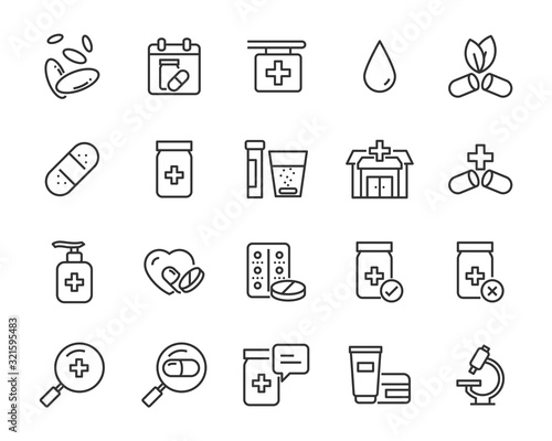 set of medicine icons, pills, capsule, drug store, pharmacy