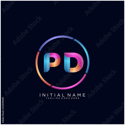 Initial letter PD curve rounded logo, gradient vibrant colorful glossy colors on black background