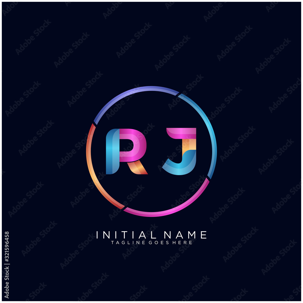 Initial letter RJ curve rounded logo, gradient vibrant colorful glossy colors on black background Initial letter RJ curve rounded logo, gradient vibrant colorful glossy colors on black background