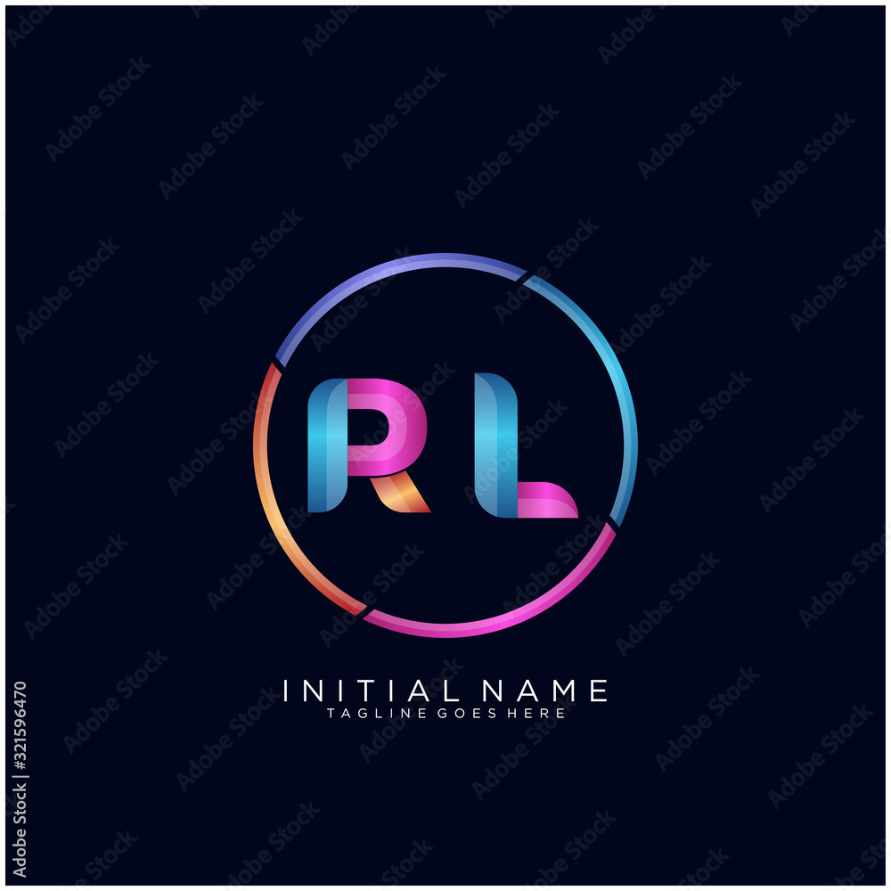 Initial letter RL curve rounded logo, gradient vibrant colorful glossy colors on black background Initial letter RL curve rounded logo, gradient vibrant colorful glossy colors on black background