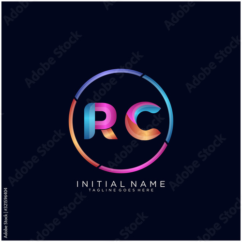 Initial letter RC curve rounded logo, gradient vibrant colorful glossy colors on black background