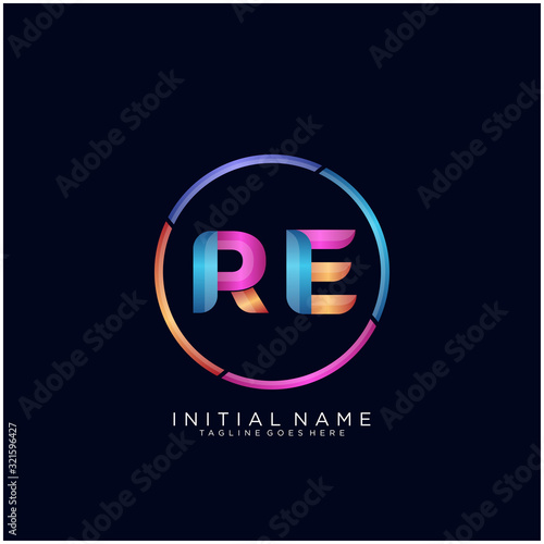 Initial letter RE curve rounded logo, gradient vibrant colorful glossy colors on black background
