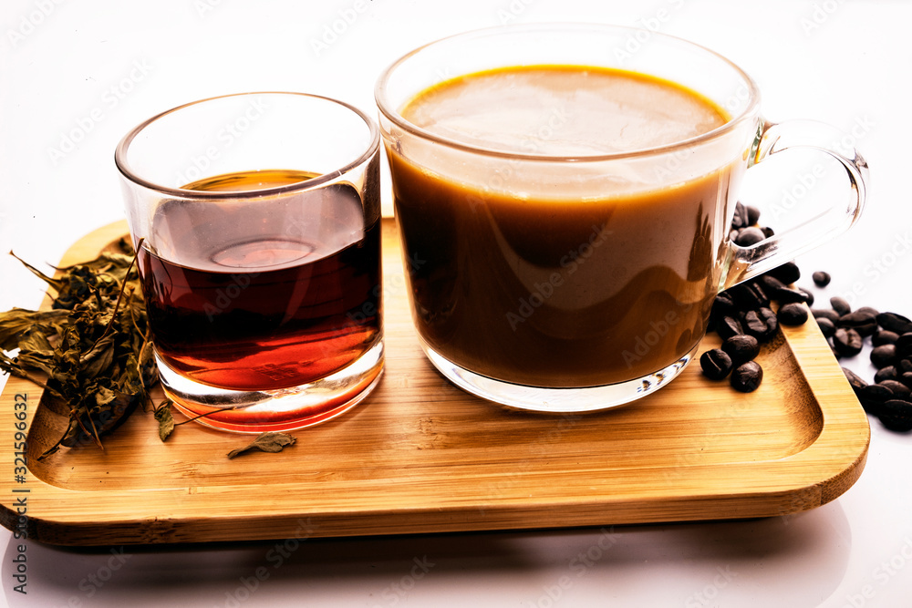 Hot coffee and hot tea on a white background Hot coffee and hot tea on a white background