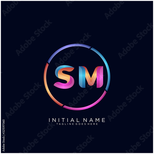 Initial letter SM curve rounded logo, gradient vibrant colorful glossy colors on black background