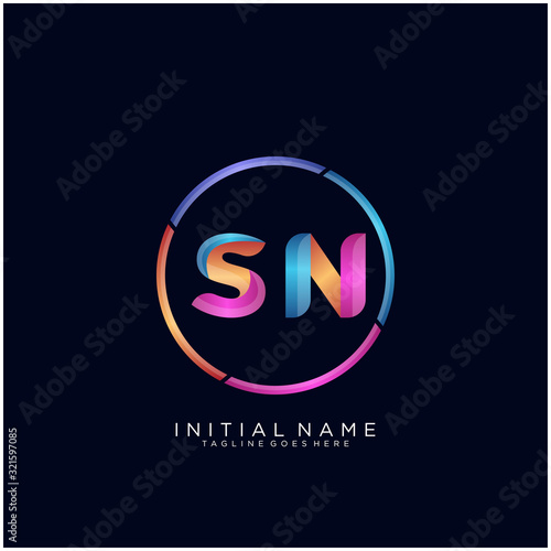 Initial letter SN curve rounded logo, gradient vibrant colorful glossy colors on black background