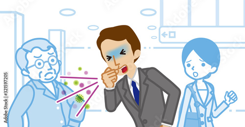 Coughing businessman and annoyed people - spread virus concept art