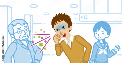 Coughing male high school student and annoyed people - spread virus concept art