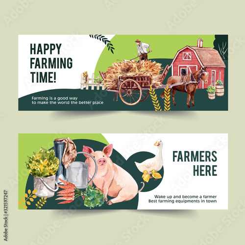 Farmer banner design with leaf, greenhouse, carrot watercolor illustration,