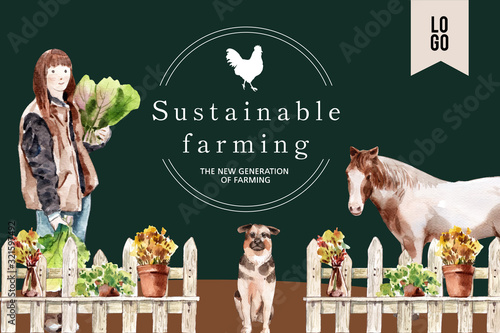 Farmer frame design with woman, wooden fence, flower watercolor illustration.