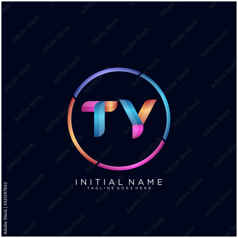 Initial letter TY curve rounded logo, gradient vibrant colorful glossy colors on black background