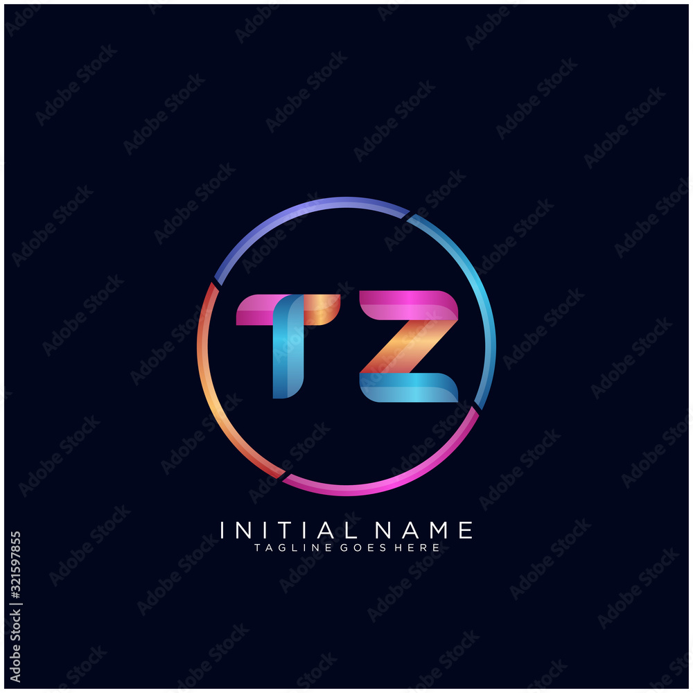 Initial letter TZ curve rounded logo, gradient vibrant colorful glossy colors on black background