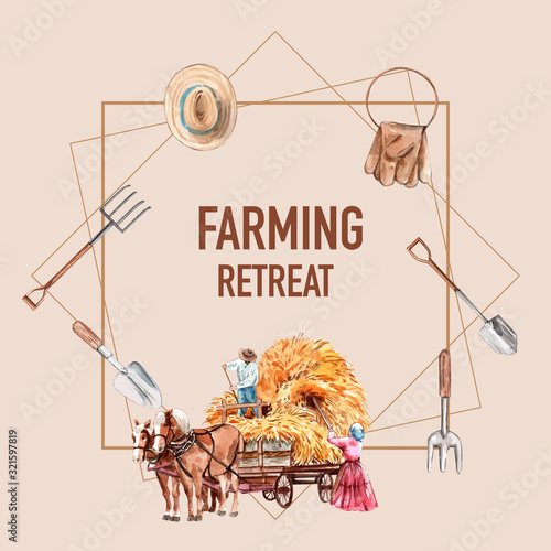 Farmer wreath design with hat, glove,  watercolor illustration,